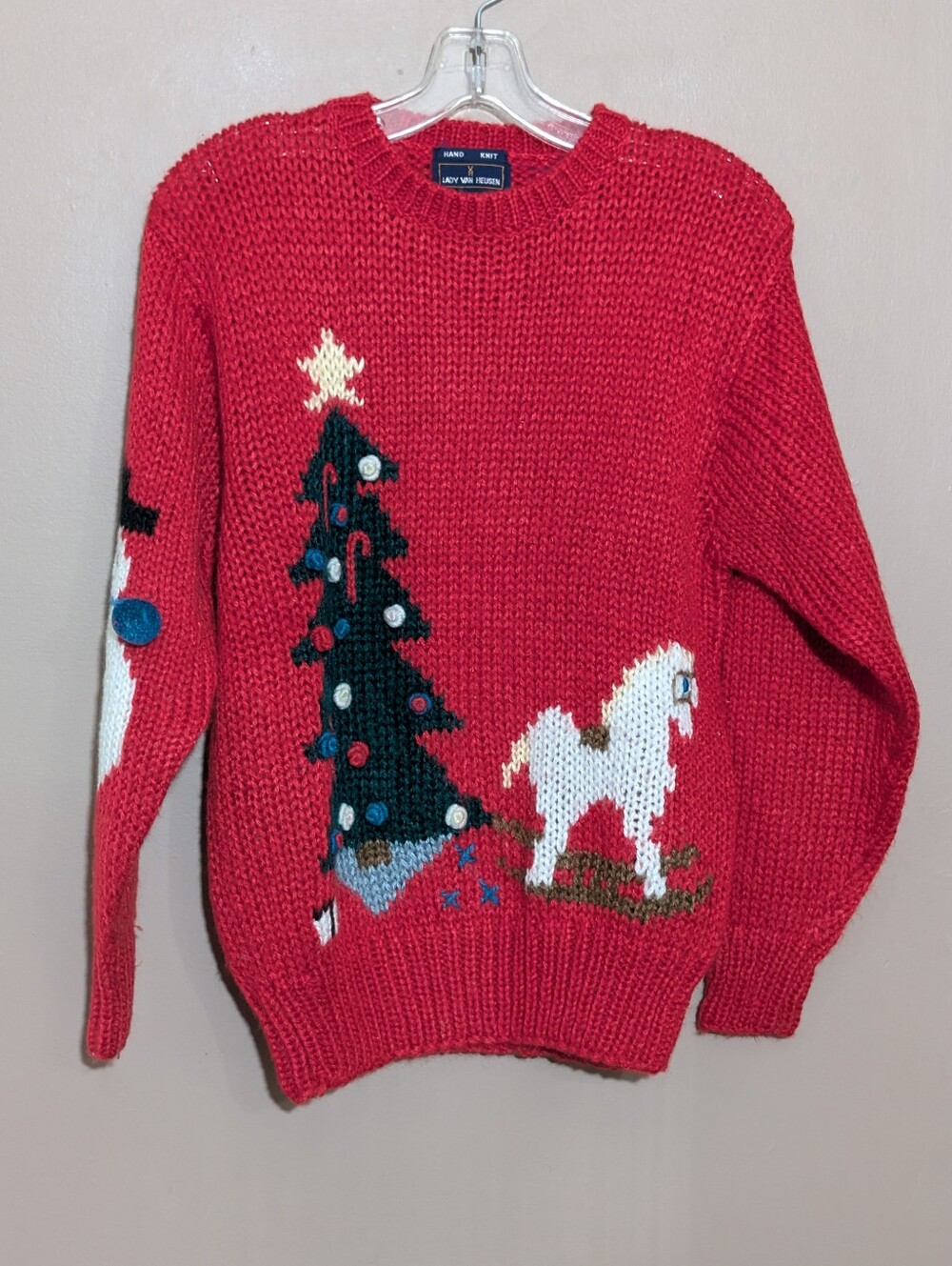 Vintage Lady Van Heusen Womens Christmas Sweater Sz L Hand Knit Red